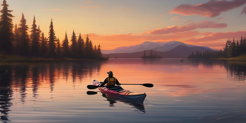 person kayaking on a calm lake during sunset