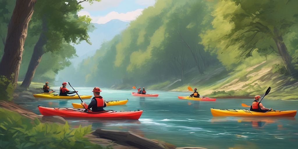 group of kayakers on a scenic river