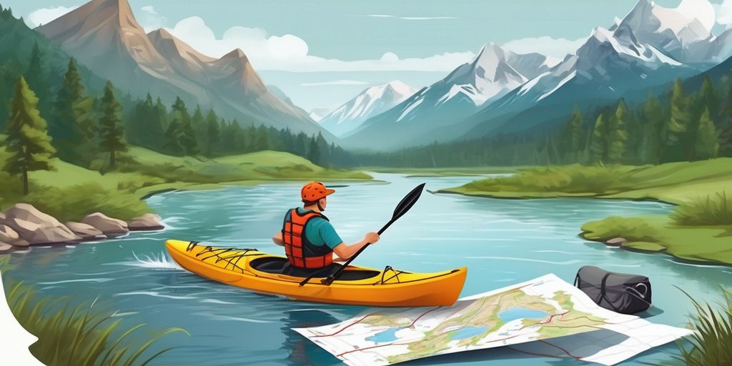 kayaker planning route on map with scenic river background