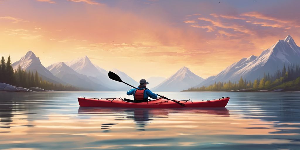 person kayaking on calm lake with mountains in background