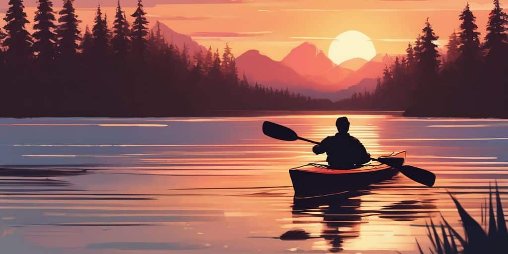 person kayaking on a calm lake at sunset