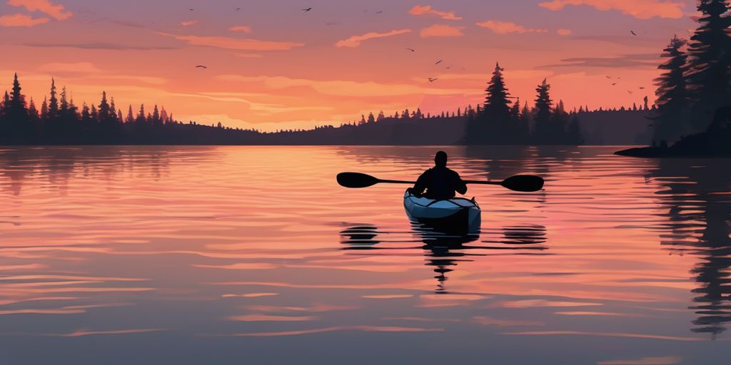 person kayaking on a calm lake during sunset