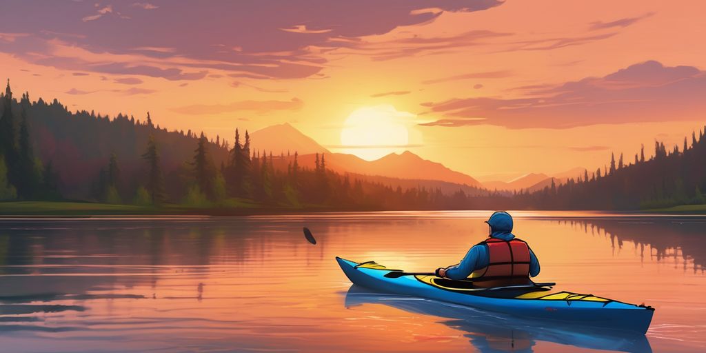 person kayaking on a lake during sunrise