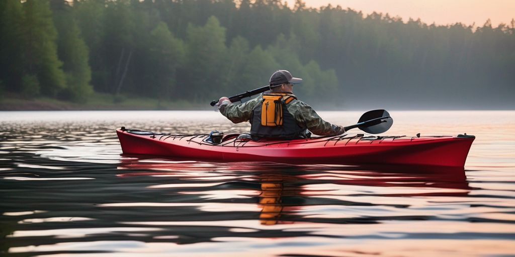 beginner kayak fishing on a calm lake