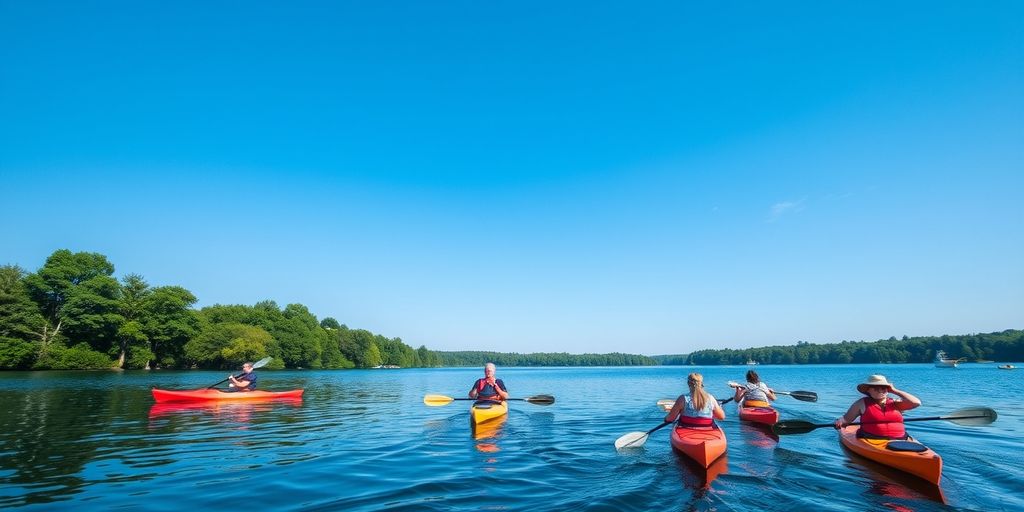 Group of kayakers on a serene lake