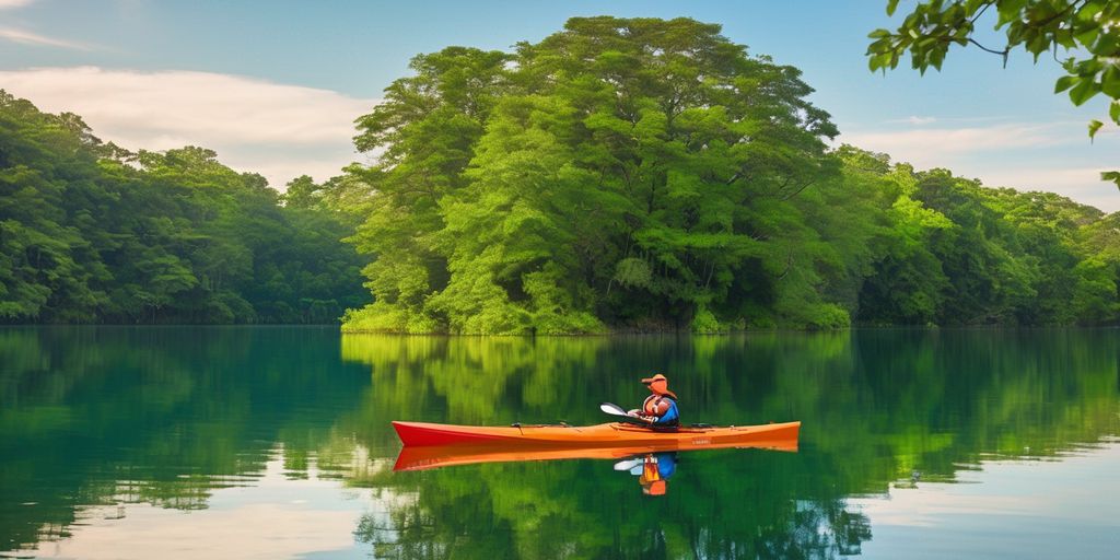 Kayak on a calm lake surrounded by trees