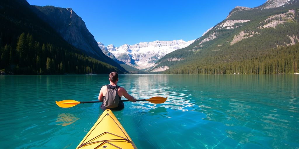 Kayaker on a clear lake with mountains