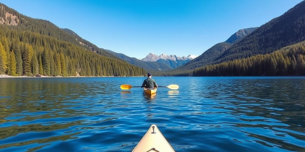 Kayaker on a serene lake with mountains