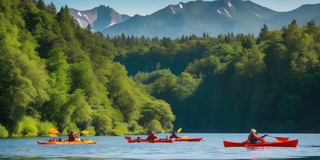 Kayakers on a serene lake with mountains.