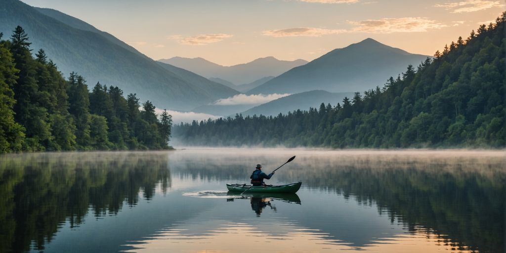 Kayaker fishing on a calm misty lake at sunrise