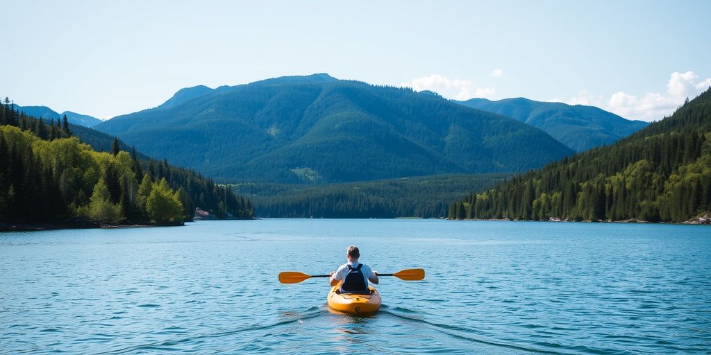 Person kayaking on a lake surrounded by nature.