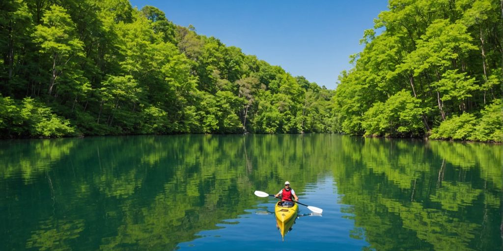 Kayak gliding on a serene lake