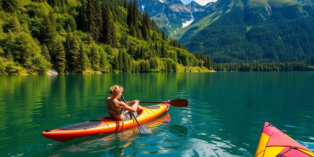 Person kayaking on a lake surrounded by nature.