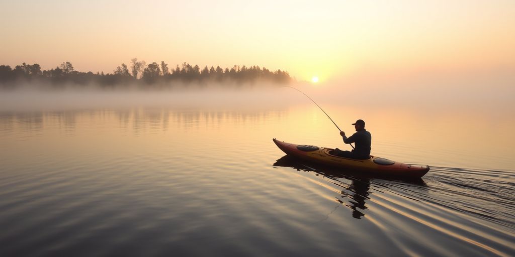 Kayaker fishing on a calm lake at sunrise