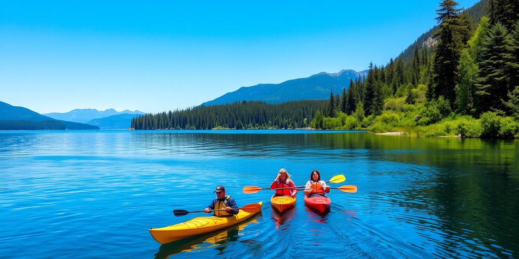 Group of kayakers on a serene lake