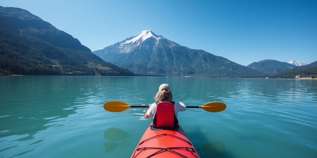 Kayaker paddling on calm waters with mountain backdrop