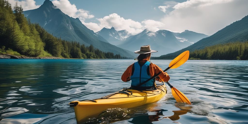 Kayaker paddling with mountains in the background