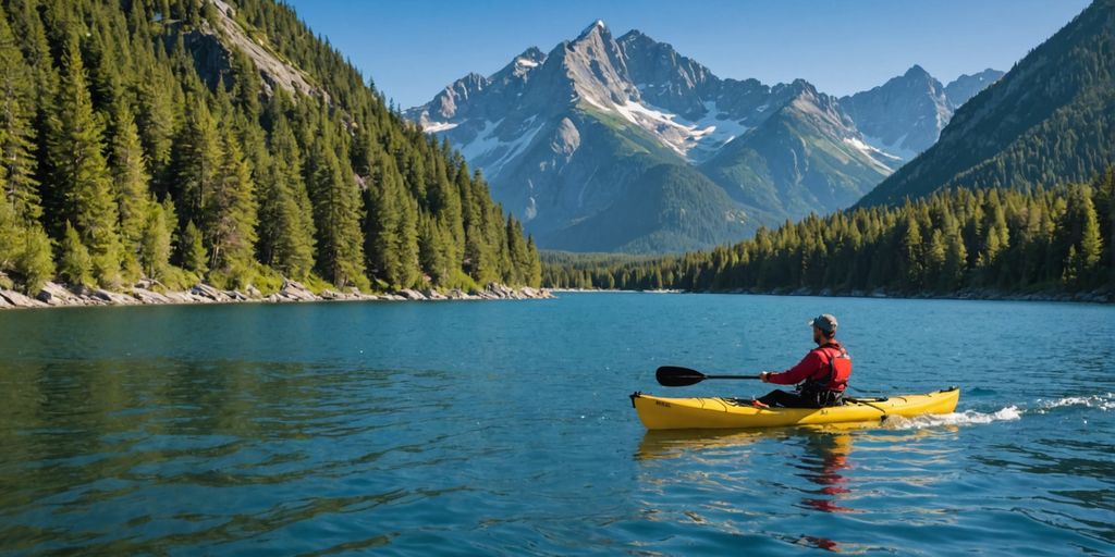 Kayaker paddling on calm waters with mountains