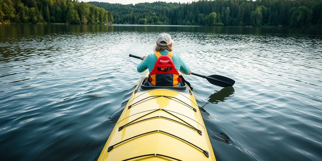 Kayaker on lake with high-quality gear