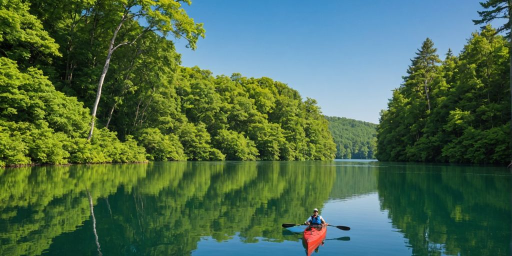 Kayak on a calm lake with trees