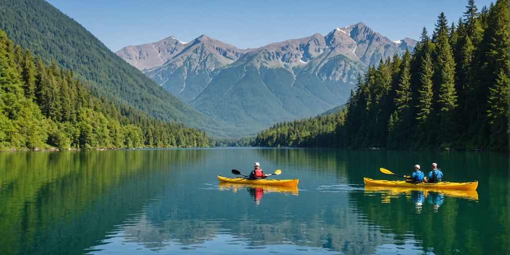 Kayakers on a lake with forests and mountains.