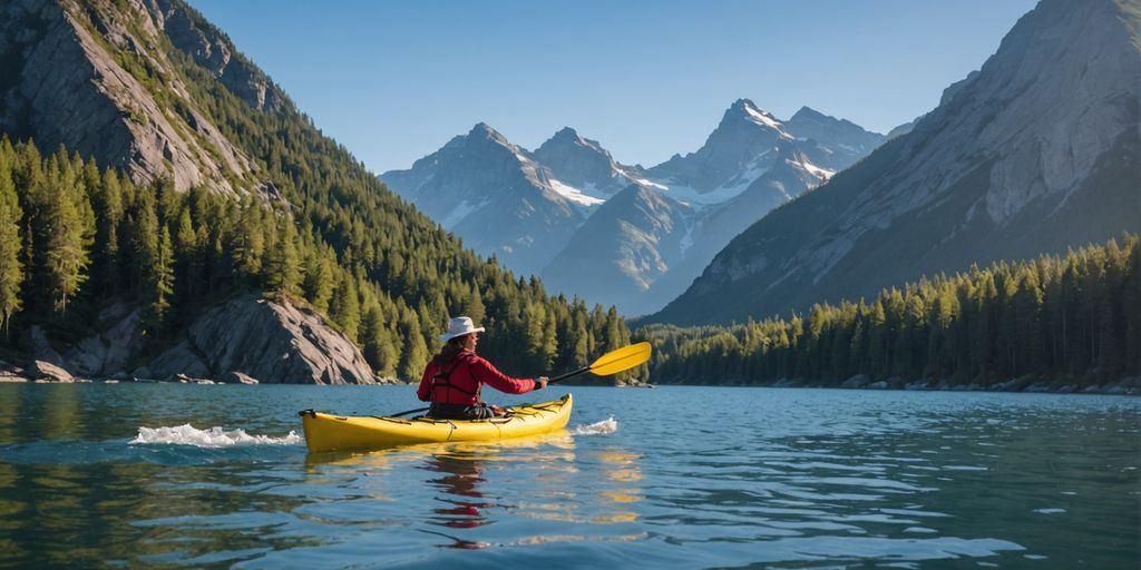 Kayaker paddling on calm water with mountains