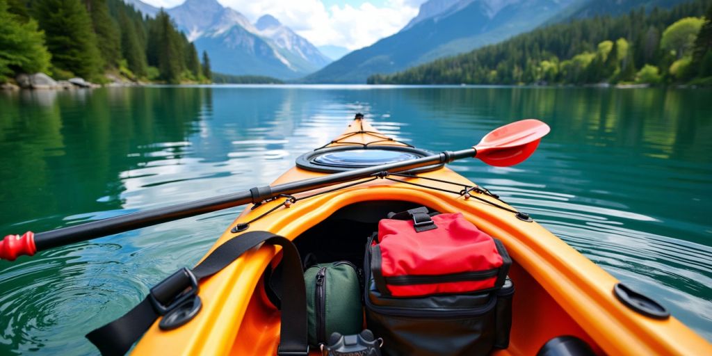 Colorful kayak with accessories on a calm lake.