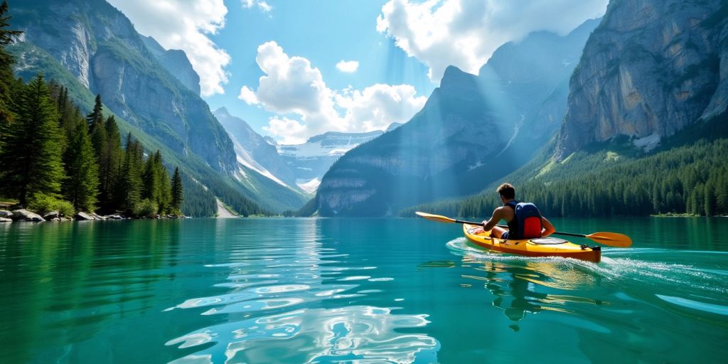 Kayaker in clear water with mountains and forests