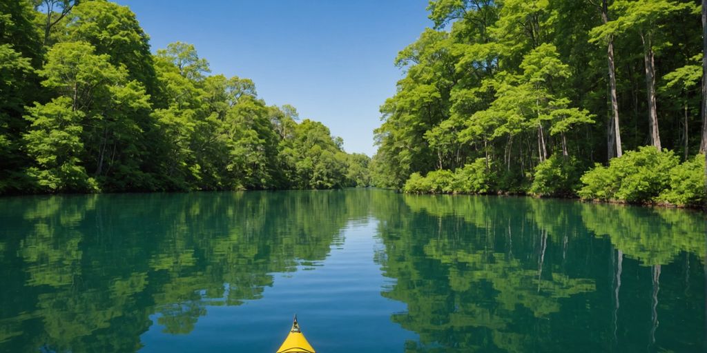 Kayak on a calm lake surrounded by trees.