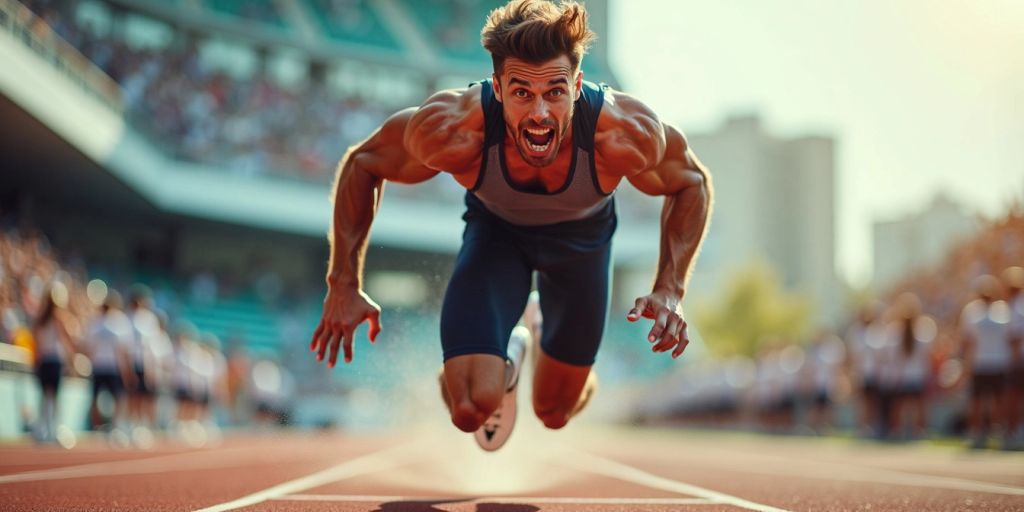 Athlete jumping high in a sports field.