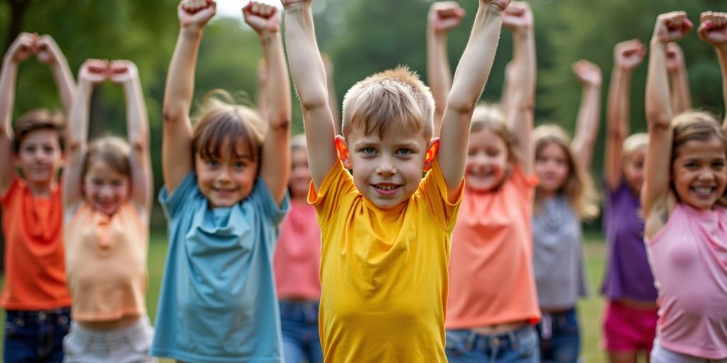 Children exercising together outdoors, demonstrating upper body strength.