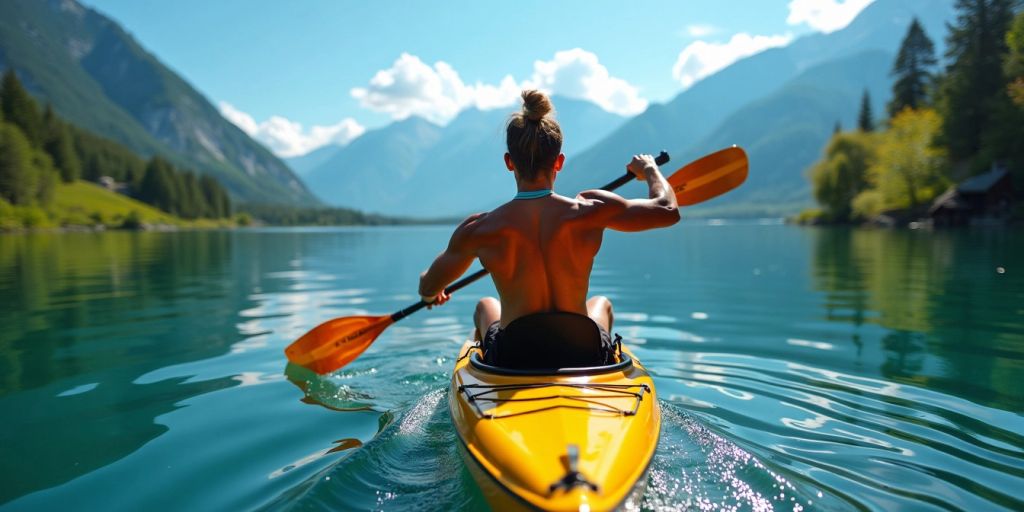 Person kayaking on a lake with mountains in background.