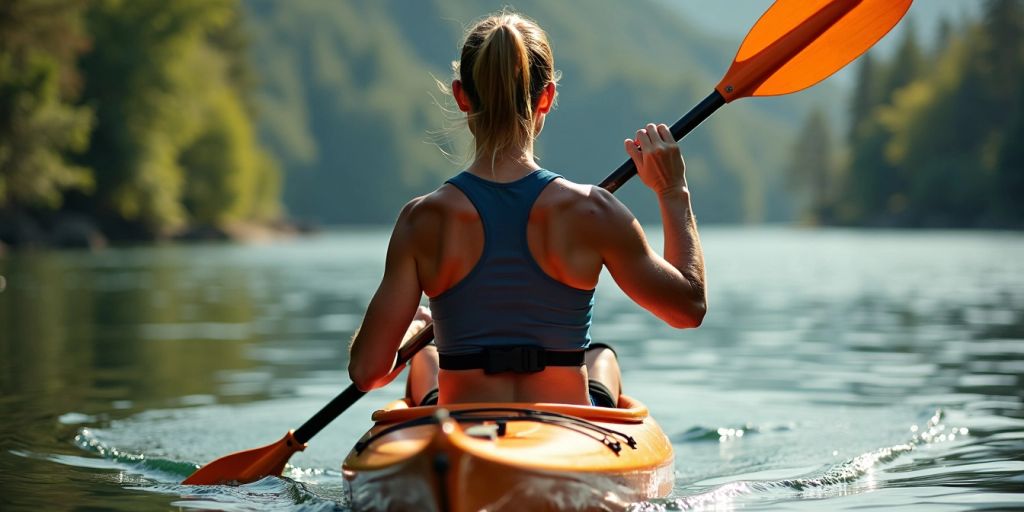 Kayaker paddling with proper shoulder alignment in nature.