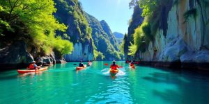 Kayakers on clear water surrounded by trees and cliffs.