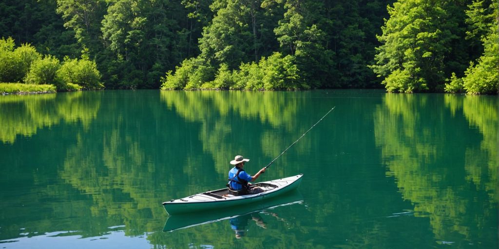 Kayaker fishing in a calm lake