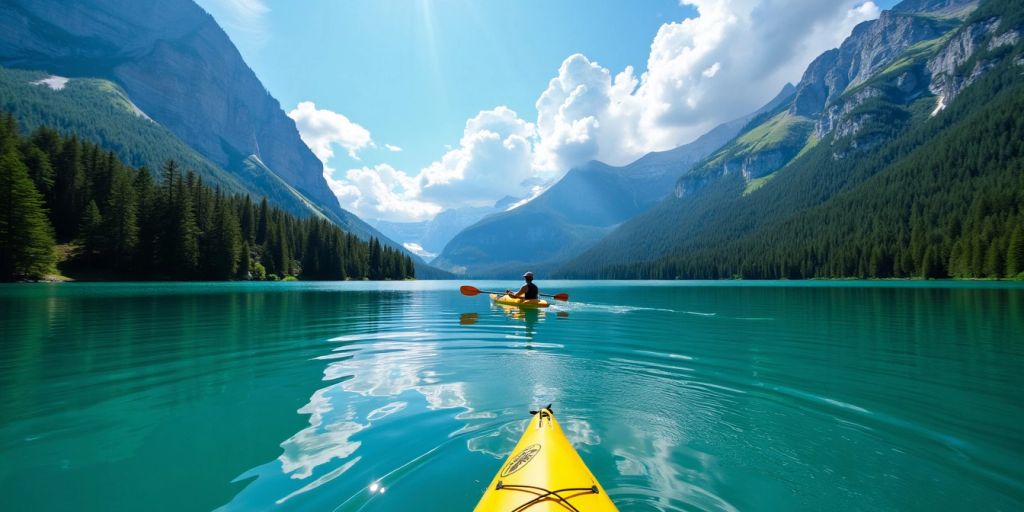 Kayaker on clear lake with forested mountains