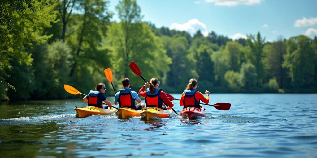 Group of kayakers on a serene lake.