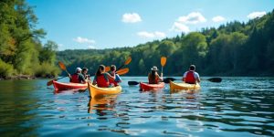 Group of kayakers on a serene lake