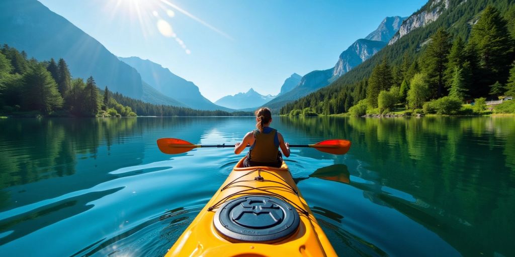 Kayaker on a lake with lush scenery