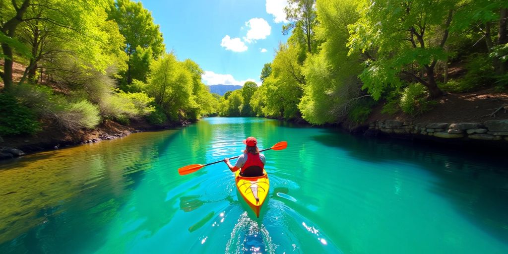 Kayaker paddling in clear water with green trees.