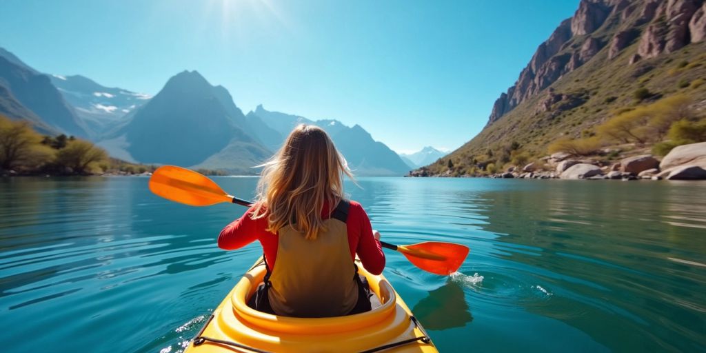 Kayaker paddling with mountain backdrop