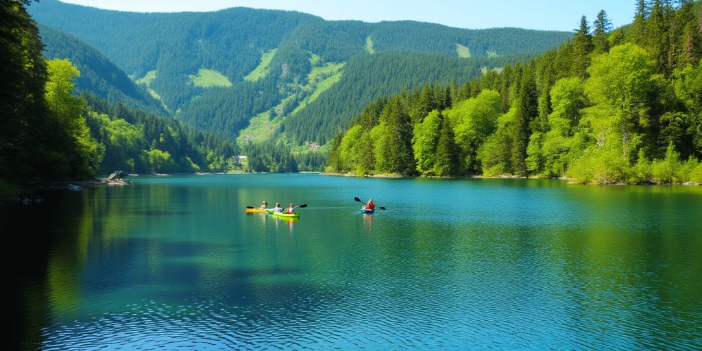 Kayakers on a tranquil lake with green forests.