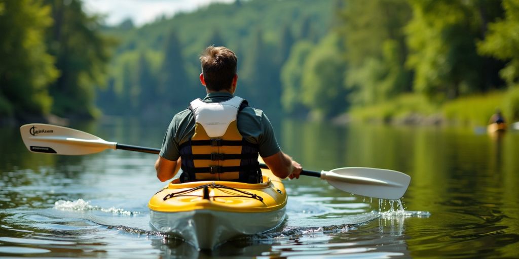 Kayaker with upgraded gear on a serene lake.