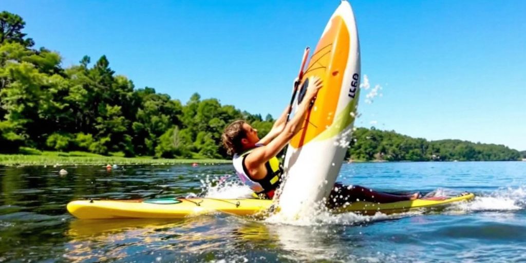 Kayaker rolling a kayak on a serene lake.