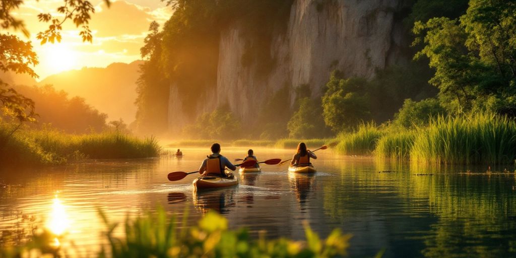 Kayakers in a national park at sunset.