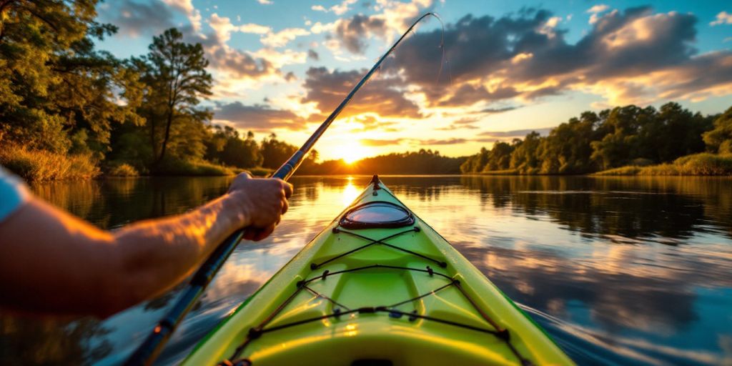 A person fishing from a kayak at sunset.