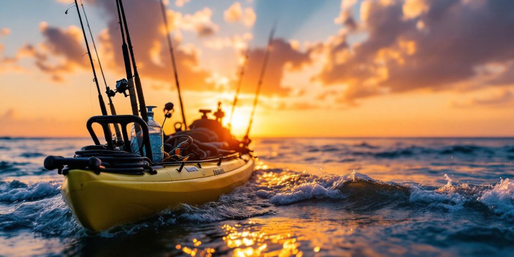 Saltwater fishing kayak on ocean at sunset.