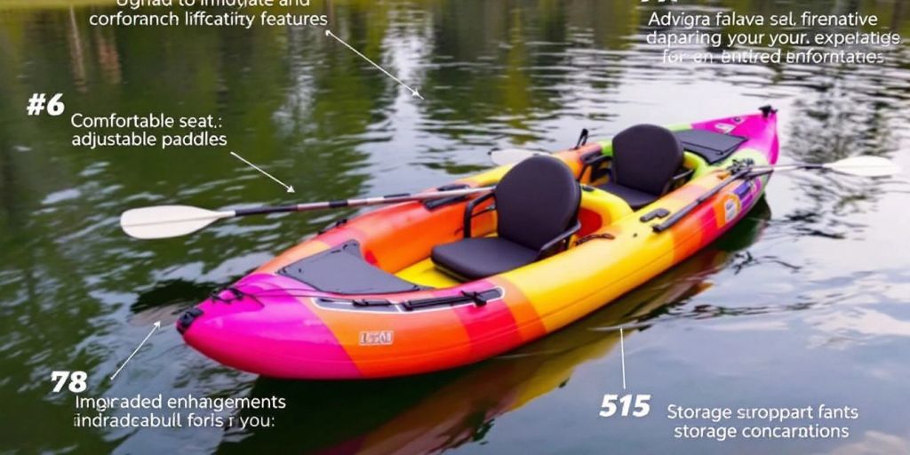 Inflatable kayak with upgrades on a calm lake.