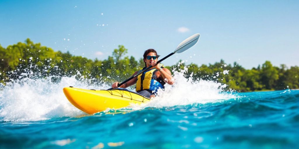 Kayaker paddling through clear blue water in nature.