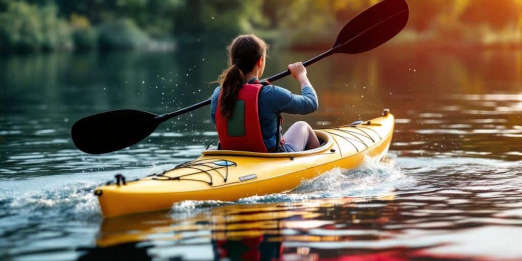 Kayaker paddling through calm water surrounded by nature.